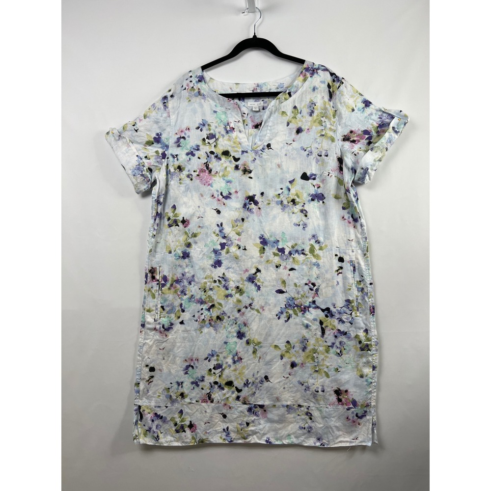 J. Jill Dress Womens XL Blue Floral Love Linen Split Neck Short Sleeve Pockets